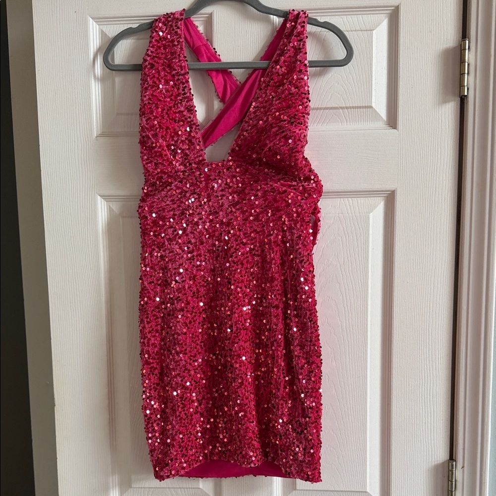 Glamorous Fuchsia Sequin Backless Dress